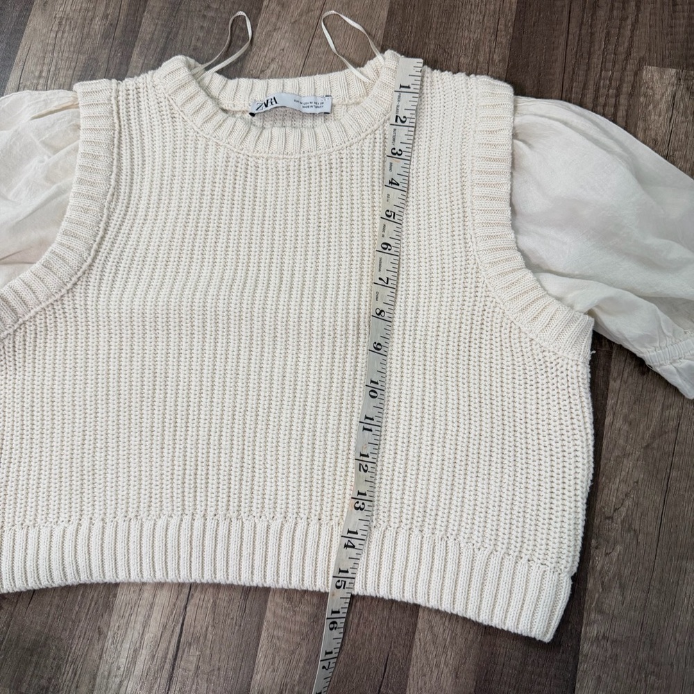 Zara Cream Knit Puff-Sleeve Cropped Sweater Top, Size M - Picture 9 of 9